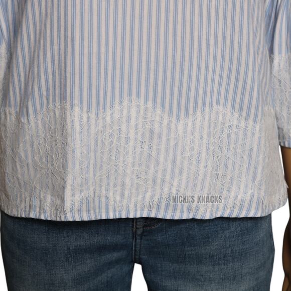 Blue Rain Striped Bell Sleeve Blouse Lace Trim Tie Back Boho Chic Light Blue XS - Picture 3 of 11